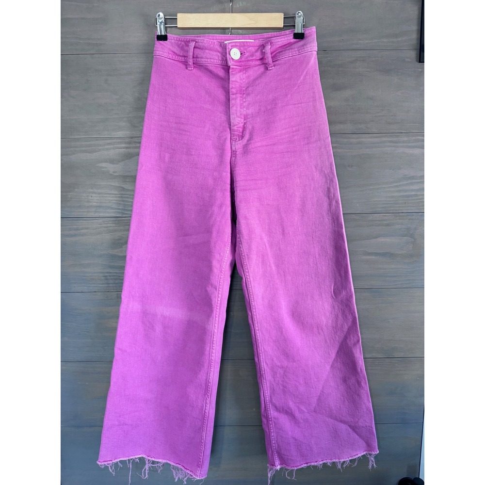 Zara Marine Straight Wide Leg Jeans Hot Pink Raw Hem High Waist USA Size 4 - Picture 4 of 6